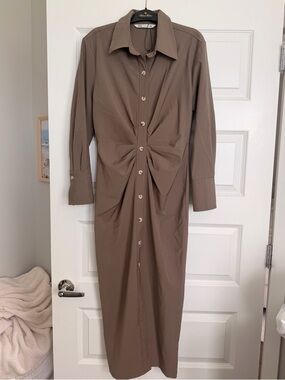 Zara Long Sleeve Twist-Front Dress - Taupe